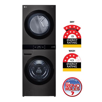 Front view of 19/10kg  AI WashTower™ Stacked Washer Dryer Black, WWT-1910B